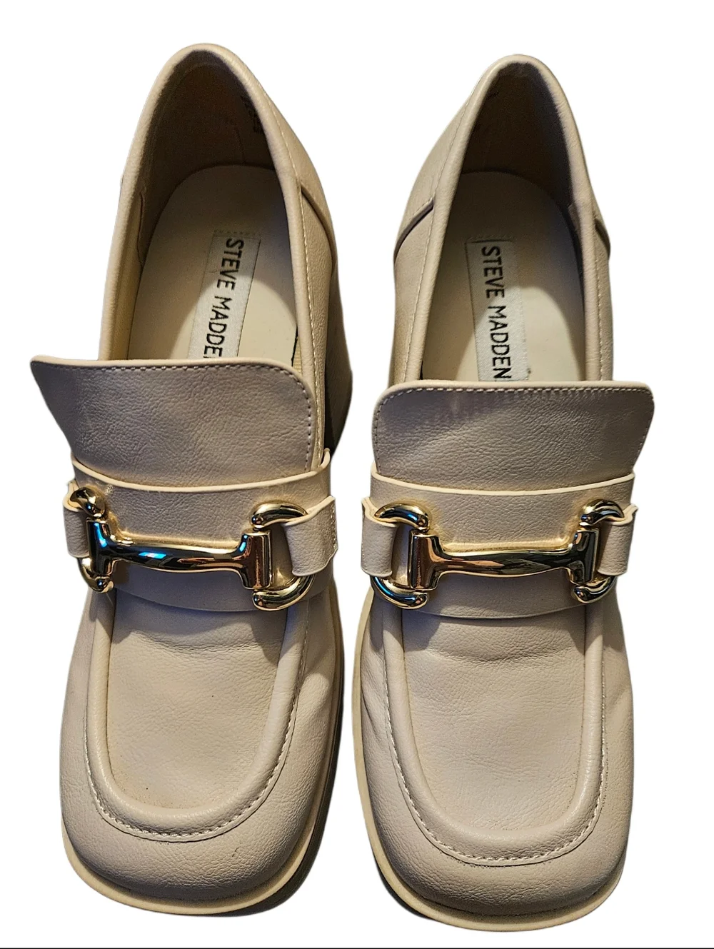 Steve Madden Cream Platform Loafer Heels with Gold Bit